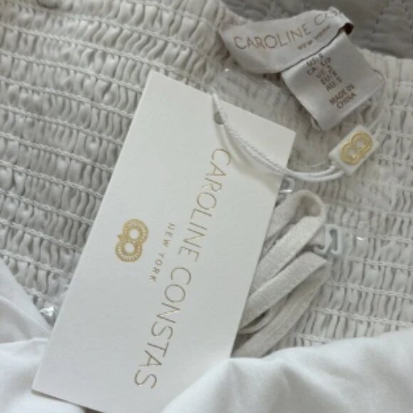 Caroline Constas Linen Blend Romper Embroidered Scallop Design Tie Waist Blue S - Picture 6 of 7